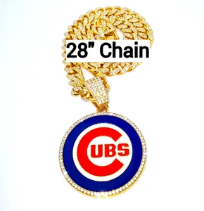 CHICAGO CUBS GEM NECKLACE Gold Bling MLB Baseball Hip Hop Pendant & 28" Chain - Picture 1 of 3