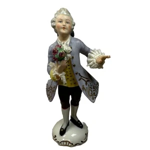 Dresden Lace Porcelain Man With Flower Bouquet German Figurine Colonial Floral - Picture 1 of 17