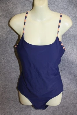 BADEANZUG SCHWIMMANZUG GRÖSSE 40 DUNKELBLAU ORANGE GESTREIFT UMRANDET   MIT PADS - Bild 1 von 2