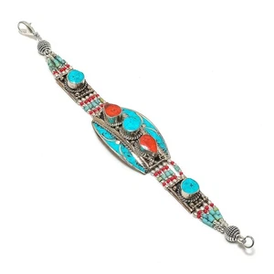 Türkis rote Koralle Edelstein Armband Tibetischer Stamm Nepali Schmuck 7" NBB... - Bild 1 von 7
