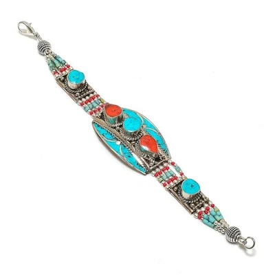 Türkis rote Koralle Edelstein Armband Tibetischer Stamm Nepali Schmuck 7" NBB... - Bild 1 von 4