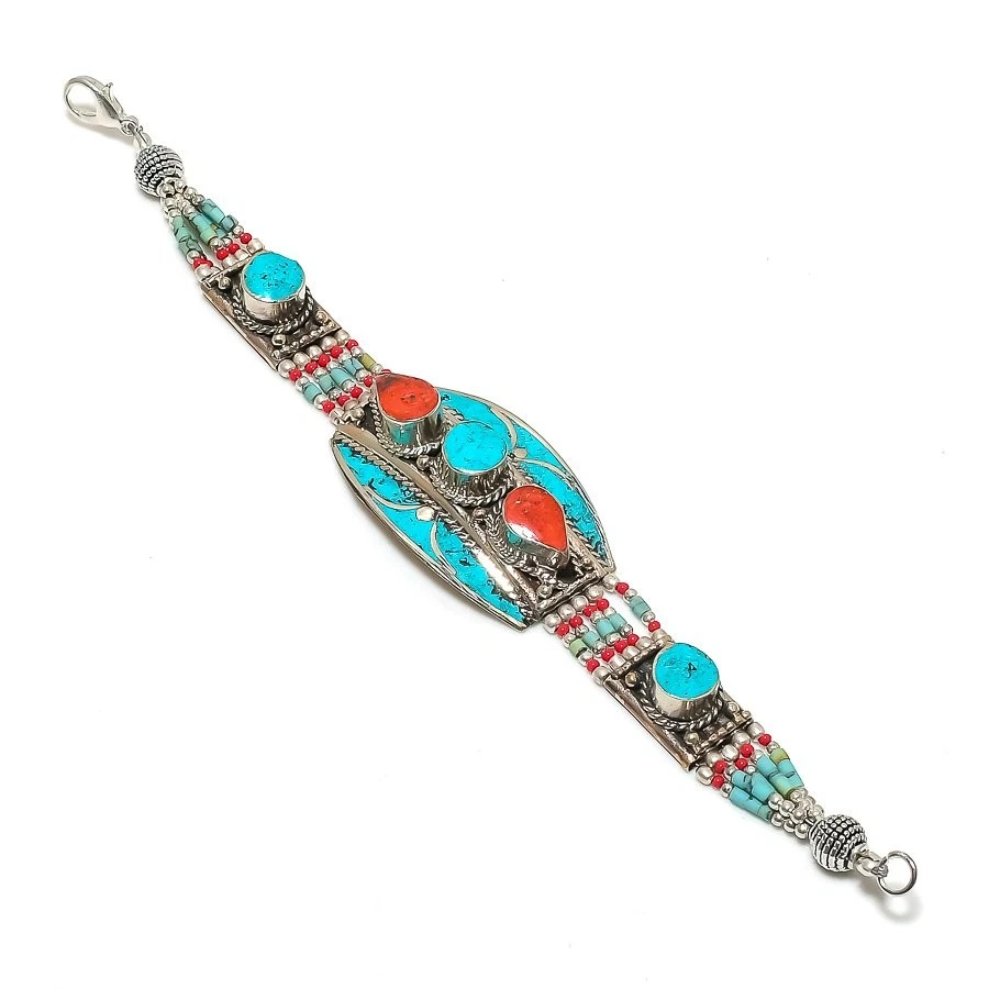 Türkis rote Koralle Edelstein Armband Tibetischer Stamm Nepali Schmuck 7" NBB... - Bild 1 von 4