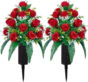 DONODA 2 Sets of Artificial Cemetery Flowers， Outdoor Grave 18 Heads (Red)  - Picture 1 of 6