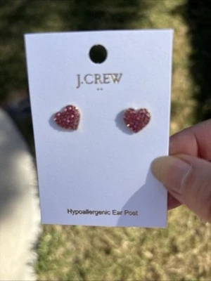 J.Crew Factory Pave Heart Stud Earrings Resort Pink Gold Plated CE787 NWT - Image 1 of 2