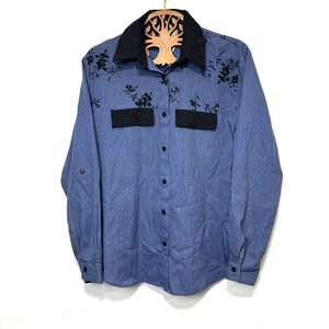 Vintage Button Down Shirt Tap & Co. Blue Striped Black Floral Long Sleeve 90s S - Picture 1 of 6