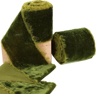 Moss Green Velvet Ribbon - 3 Inch Handmade Fringe Frayed Silk Velvet Ribbon f... - Image 1 of 4