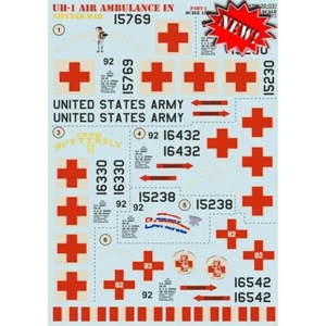 Decalcomania 1:32 UH-1 Ambulanza Aerea Guerra Vietnam + Stampa Stencil Tecnici Scala 32-031 - Foto 1 di 24