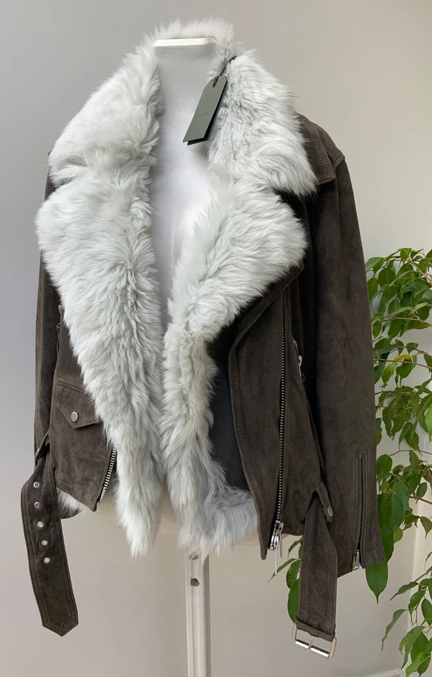Designer All Saints Shearling Leather Olive Ecru Biker Jacket UK10 RRP £999 BNWT - Image 1 of 4