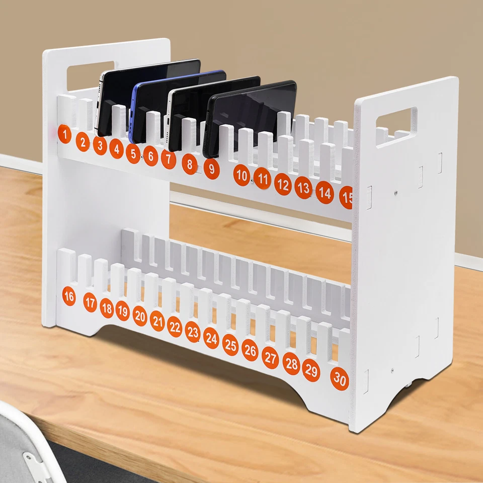 Caja de almacenamiento organizadora de escritorio con soporte para teléfono celular de madera de 30 rejillas para aula fuera Foto 1 de 4