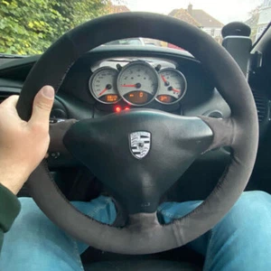 Black Suede Leather Steering Wheel Black Stitch Wrap Cover For Porsche 911 986 - Picture 1 of 8