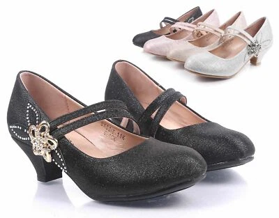 Black 2-Strap Glitter Flower Rhinestone Heels Slip-on Girls Shoes Kids Size 9 - Image 1 of 4