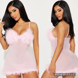Fashion Nova Sexy Valentine’s Day Sweet Pink Feather Babydoll Set Final Sale XS - Picture 1 of 4