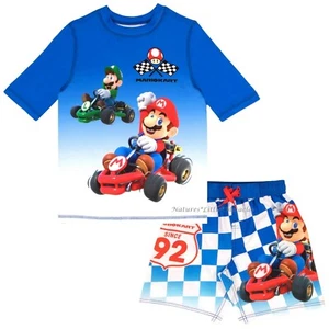Super Mario Kart Swimsuit Boys Swim Trunks Rash Guard Shirt Size 4 - 10/12 Luigi - Picture 1 of 7