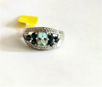 Aquamarine Oval & Kanchanaburi Blue Sapphire Ring, 925 Silver, Size 9, 1.60(TCW) - Image 1 of 4