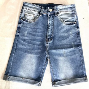 Bermuda skinny vita alta effetto invecchiato elasticizzato blu denim piccolo NUOVO - Foto 1 di 6