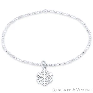 Schneeflocke Eiskristall Charm & Kugel Perle Stretch Armband in .925 Sterlingsilber - Bild 1 von 1