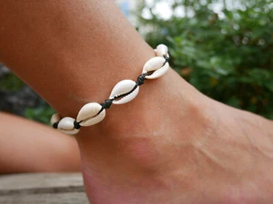Afrikanische Hippie Kaurimuschel schwarz verstellbar Armband Fußkettchen - Bild 1 von 7