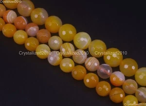Faceted Natural Yellow Stripe Agate Gemstone Round Beads 6mm 8mm 10mm 15.5'' - Picture 1 of 10