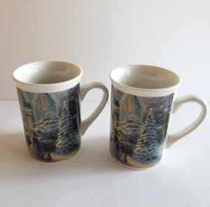 2er Set Thomas Kinkade Weihnachtstassen Winter Schneemann Waldhaus 2002 - Bild 1 von 13