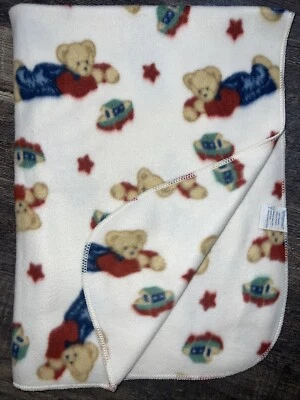 Vintage Springmaid Blue Jean Teddy Fleece Baby Blanket Red Stars Boats NWOT - Image 1 of 4