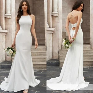Simple Mermaid Wedding Dresses Halter Neck Sleeveless Backless Satin Bridal Gown - Picture 1 of 8