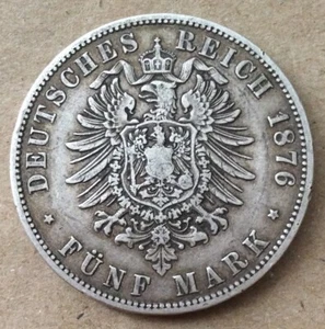 1876-A 5 Mark Prussia Wilhelm I Deutsches Reich Germany Silver Coin - Picture 1 of 2