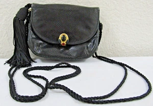 Vintage Judith Leiber Black Snakeskin Leather Clutch Shoulder Bag Fringe Tassel - Picture 1 of 10