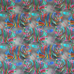 Jersey mit bunten Tiger auf grauem Untergrund 50 x 150 cm Nähen Stoff Raubkatze - Bild 1 von 6