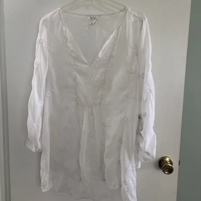 White House Black Market, White Sheer Embroidered Blouse Size L - Image 1 of 4