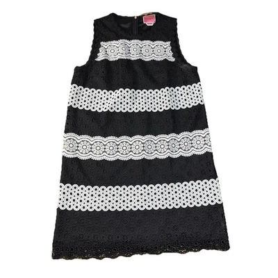 Kate Spade 花卉圆点蕾丝条纹转变黑色连衣裙圆领内衬 14 码 — 第 1/4 张图片