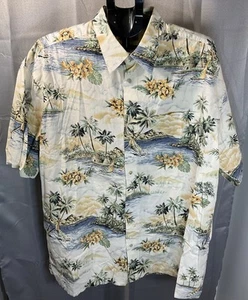 Hollis River Herren 2XLT elfenbein grün blau tropischer Hawaii-Druck Knopfleiste Hemd - Bild 1 von 6