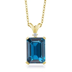 18K Yellow Gold Plated Silver London Blue Topaz and Diamond Pendant Necklace - Picture 1 of 5