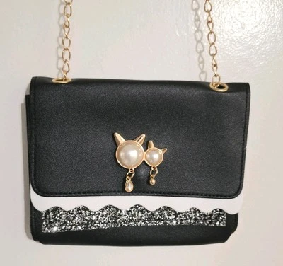 Kitty Crossbody Bag Black & White Silver Glitter Pearl Faces 6"x 7" Bling Chain - Image 1 of 4