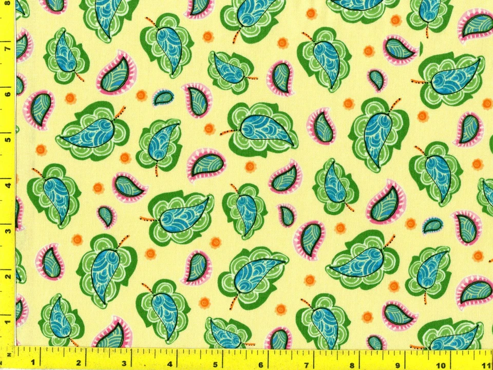 Red Rooster's Green Paisley Flowers on Yellow By The Yard CSHLEA04575 - Image 1 of 1