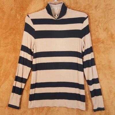 BANANA REPUBLIC Top Mujer Pequeño Tostado Negro Rayas Pullover Cuello Alto Elastizado Foto 1 de 4