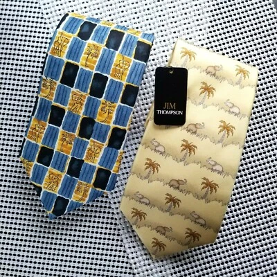 Jim Thompson Corbata de Seda Elefante Juego de 2 Palmeras Dorado Marrón Azul Envío Gratis Foto 1 de 4