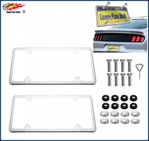 2× Chrome Stainless Steel Metal License Plate Frame Tag Cover With Screw Caps - Picture 1 of 12