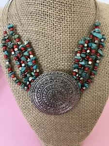 "Ruby Road" turquoise coral beads 14" necklace with native American design medal - Picture 1 of 9