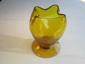Vintage Blenko Glas Honig Bernstein Crackle Glas eingeklemmt / Grübchen 4-seitig Top Vase - Bild 1 von 5