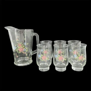Vintage Pfaltzgraff Tea Rose Clear Glassware 56 oz Pitcher and 6 Tumblers Set - Picture 1 of 13