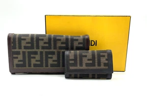 Auth Fendi Zucca Khaki Canvas Bi fold Wallet/Key case 6 Set 2 W/B NS040626 - Picture 1 of 24