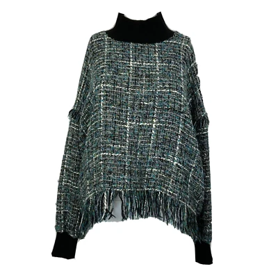 Suéter Zara Mujer Talla M Verde Azul Algodón Tweed Flecos Cuello Simulado Pullover Foto 1 de 4