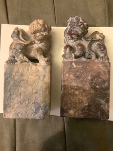 Pair Of Beautiful Antique Hand Carved Soapstone Foo Dogs 6.5” 6Lb - Picture 1 of 12
