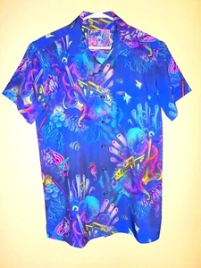 Retro Rifle Octopus Nautical V2 Button Down Medium Short Sleeve Shirt Blue - Picture 1 of 3