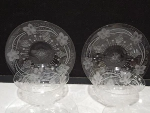 SET OF 6- Hawkes Glass Signed Grape Cluster Leaves Cut Dessert Bowls 5 Plates - Picture 1 of 8