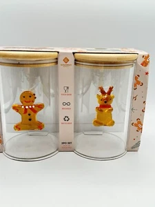 2 Pc Round Christmas Glass Canister Set Gingerbread Man Reindeer Candy Jar - Picture 1 of 5