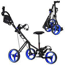 Foldable 3 Wheel Push Pull Golf Club Cart Trolley Buggy Golf Accessories w/ Seat