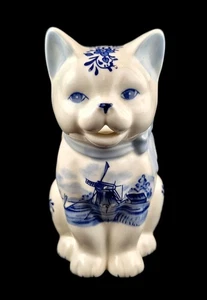 Vintage Blue Delft Holland White Cat Ceramic Creamer Pitcher - Picture 1 of 10