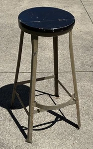 Vintage Early Mid Century Industrial Steel Stool Wood Top Factory Workshop Angle - Picture 1 of 12