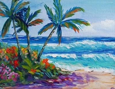 Original Seaside Tropical Beach Painting – Colourful Palm Trees & Flowers – 9x12 - image 1 of 4